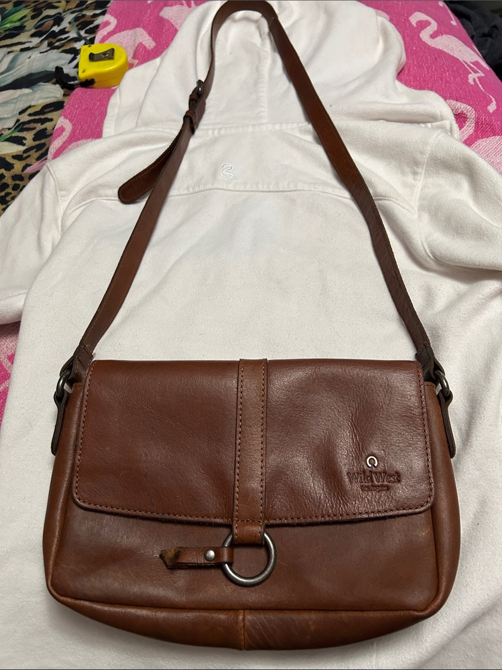 Brown Leather Crossbody Bag with Ring Accent